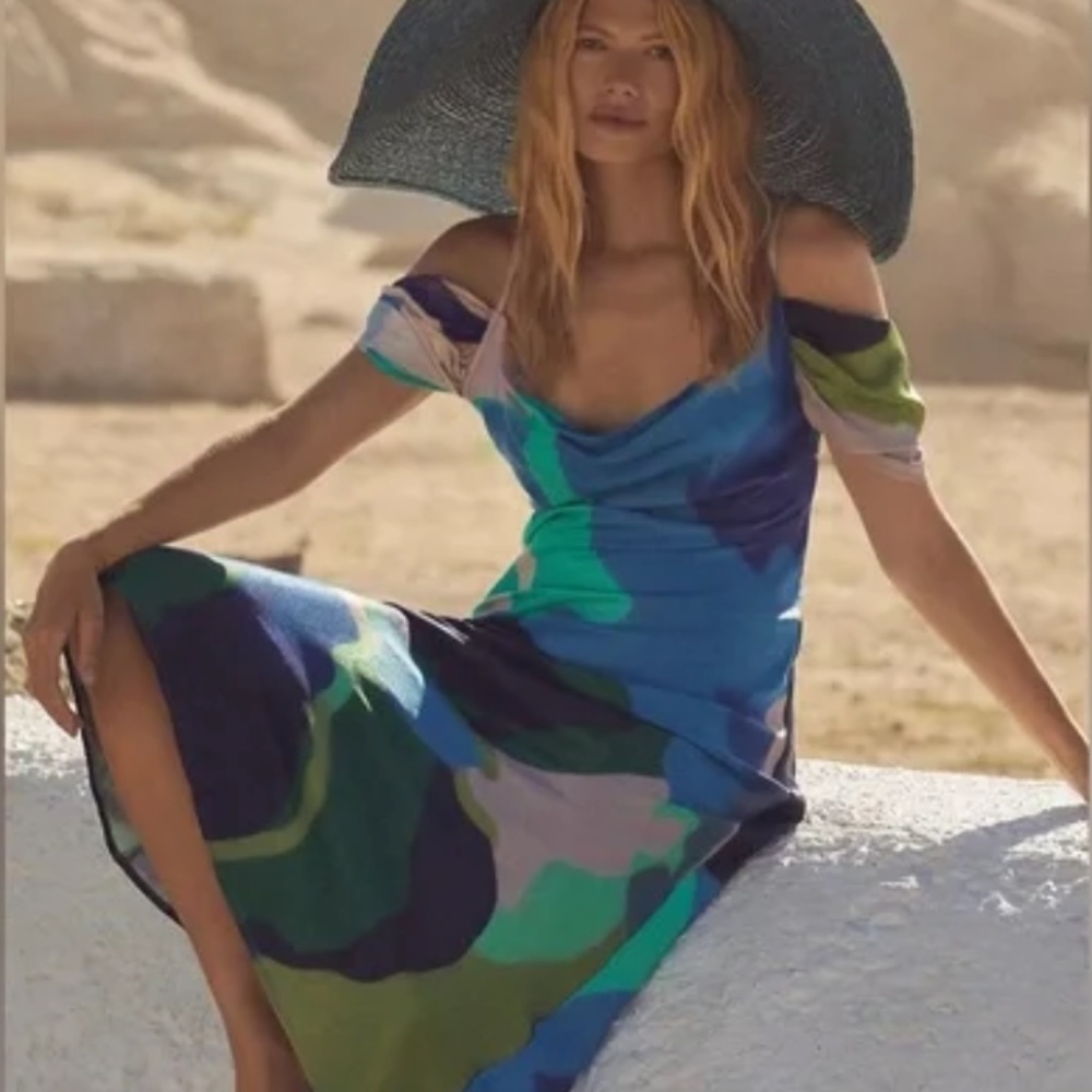 Anthropologie Painterly Off-Shoulder Slip Dress Blue,  Size Small